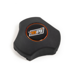 A black, textured cover featuring an orange and white "MPI" logo in the center from the Max Papis Steering Wheel Quarter Midget & Flat Modified Center Pad.