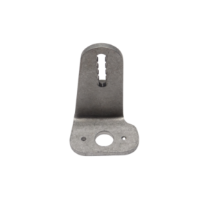 The Dzus Bracket - Left Side Body Mount Bracket ONLY is a small metal bracket featuring two mounting holes, one circular and one slotted, designed for securely attaching components.