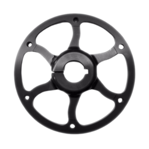 A black, circular metal Sprocket Hub - 1" Clamp-On, featuring five curved spokes and a central hole with a notch, along with four smaller holes evenly spaced around its outer edge.