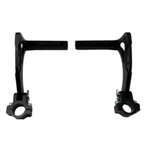 Two pieces of the Billet Aluminum Pedal Assembly 1" Rail NO Heel Rests - SHORT, finished in black and featuring adjustable motorcycle handlebar riser components with clamps and hex bolts, isolated on a white background.