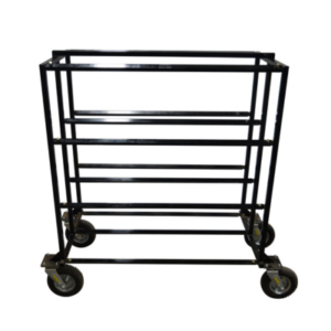 Introducing the KKP Tire Rack: a black, metal utility cart with four wheels, featuring a rectangular frame and multiple horizontal bars for support.