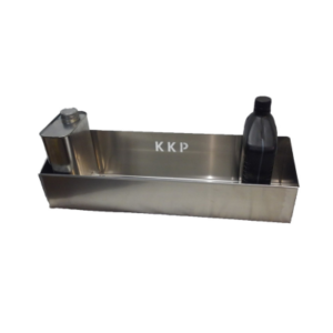 A KKP Can Rack - 8 Quart with raised edges containing two bottles, one metal and one plastic.