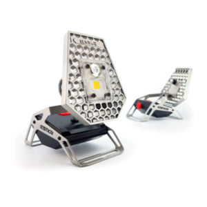 Two Mobile Flood Lights featuring a hexagonal design, metal casing, and stands, offering compact and portable solutions ideal for workspaces.