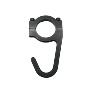 A product known as the Seat Belt & Helmet Hook, featuring a hook-shaped black metal design with a circular clamp at the top and equipped with two screws for secure attachment.