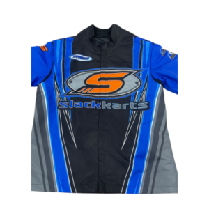 A black and blue SLACK Driving Jacket featuring the "Slackkarts" logo and a large "S" emblem on the front.