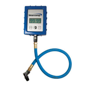 The Intercomp Digital Air Pressure Gauge features a blue hose and an LCD display showing a reading of 99.99. The gauge is equipped with a blue rubber casing, and the brand name "Intercomp" is prominently displayed on the top.