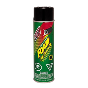 A spray can of Klotz Air Filter Oil - Foam with a green label, black cap, and caution symbols indicating flammability and toxicity.