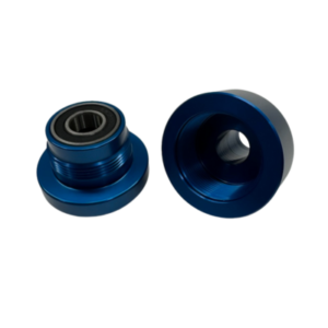 Two Wheel Balancer Threaded Hub Adapters with blue anodized finishes, one equipped with an integrated bearing, displayed against a white background.