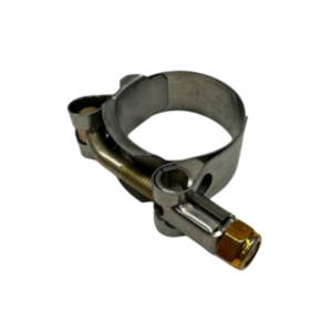 A metallic "Header Pipe Clamp - Clone Big Pipe" featuring a screw mechanism and a brass fitting at one end.