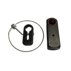 The 3 Hole 5/8" Steering Lock Assembly includes a black plastic mounting bracket with a circular opening, a black clip featuring a hole and slotted design, and a metal cable equipped with a locking mechanism.