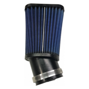 An image of the Walker 6" Angled Air Filter for Clone featuring a blue cylindrical design with black ends and a metal clamp near the bottom.