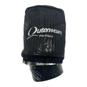 A black Pre-Filter - Outerwears for Standard Clone Air Filter is shown, with the white company logo prominently displayed on the front. The cover encloses a cylindrical object.