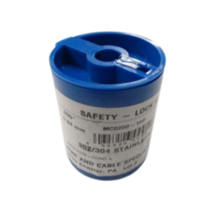 A blue plastic spool labeled "Safety Wire" with product details and specifications printed on the side.