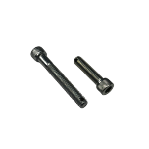 Two THREAD drilled 1-3/4" long socket head cap screws, one longer and one shorter, lying side by side on a white background.