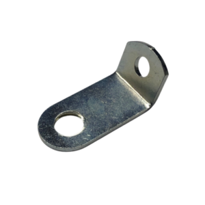 Throttle Linkage Short Bracket: A compact, right-angled metal bracket featuring two holes—one on its horizontal section and one on its vertical section—set against a white background.