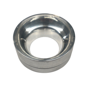 The Filter Adapter - Tillotson 368 is a reflective and polished circular metal component featuring a large central hole and two smaller holes on one side, which are likely designed for fastening or alignment purposes.