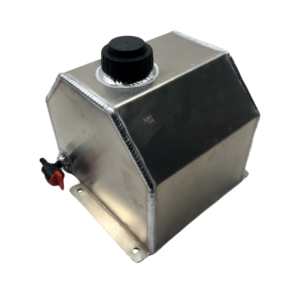 Introducing the Fuel Tank - 4 Quart Aluminum: This metal fuel tank features a black cap and a red valve located on one side. It boasts angled edges and a rectangular base with mounting holes for easy installation.