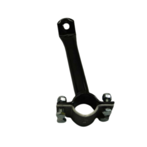 The Seat Strut - Left Side 5" is a black metal clamp with a handle, featuring two bolts at the bottom for securing, and a hole at the top of the handle, isolated on a white background.