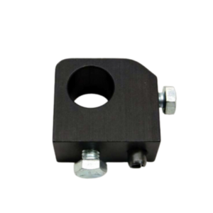 A Seat Slide Block 3/4" Round Set Screw in black metal, featuring a circular hole in the center and two bolts on the sides.