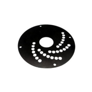 A Flywheel Housing Cover with air holes for Clone & Animal engines, featuring a round black metallic design with various holes arranged in a curving pattern around a central large hole.