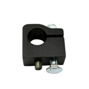 The Seat Slide Block 3/4" Round Hole Clamp On is a black metal clamp with a circular hole, designed with one screw and a bolt for securing or adjusting the device.