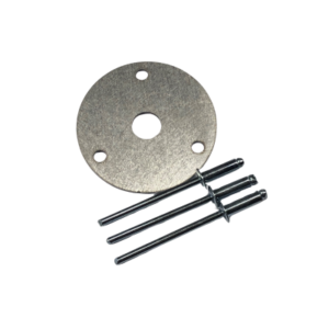 A round metal Seat Saver Kit plate with four holes and three metallic rivets on a white background.