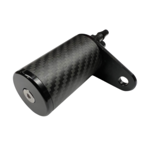 A Carbon Fiber Oil Catch Can with an attached bracket for mounting.