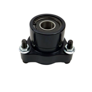 The Pro Ultrafree Front Left Side Wheel Hub - 1/4" is a black mounted bearing unit featuring a cylindrical center and two bolts on either side for securing.