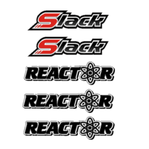 Five text logos: two "Slack" logos in stylized red-accented font, and three "REACTOR" logos from the Decals - Reactor Frame Kit, each featuring an atomic symbol in place of the 'O' and rendered in black.