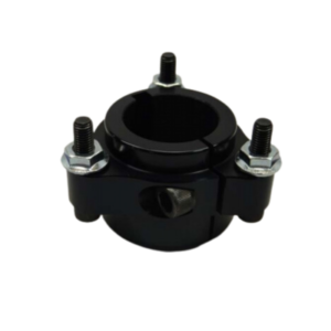 The Pro Ultralite Wheel Hub - Rear 5/16" is a black, cylindrical metal clamp secured with three bolts, designed for fastening or joining pipes or rods.