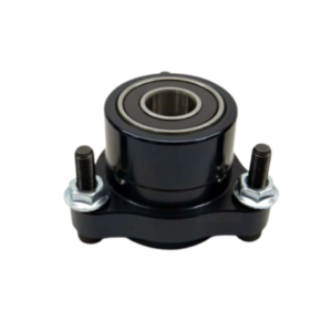 The Pro Ultralite Wheel Hub - Front 1/4" features a sleek black design with a sturdy metal housing, equipped with two bolts and a central bearing hole.