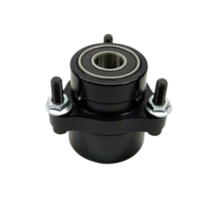 A Pro Ultralite Wheel Hub - Right Side Stepped Front 1/4" in black metal, featuring a central bearing and three bolts with nuts attached, set against a white background.