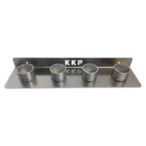 A metal wall-mounted KKP Filter Rack for Trailer with four cylindrical slots for holding animal filters, featuring the letters "KKP" on the mounting plate.