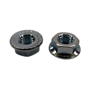 Two serrated 1/4" flange nuts with rounded bases, one shown from a top view and the other from a side angle, set against a white backdrop.