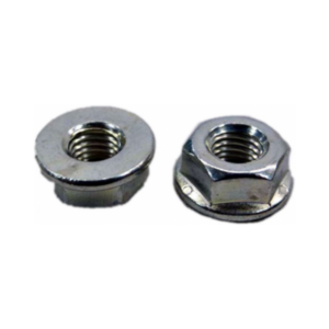 Two Flange Nuts - Smooth 1/4" with integrated washers, shown from different angles on a white background.