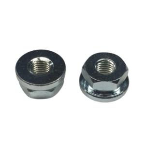 Two Wheel Nuts - Hardened Steel 1/2" Hex are displayed against a white background. One nut is slightly taller and has a beveled base, while the other is shorter with a flat base.