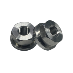 Two Aluminum Wheel Nuts - 1/2" Hex with internal threading, positioned in a slight overlap against a white background.