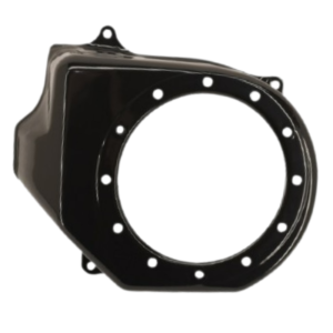 A Clone Blower Housing Cover - Black is a black metal circular automotive part, featuring an asymmetrical design with an extended top left section and multiple bolt holes around the perimeter.