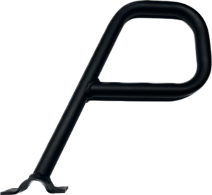 Introducing the Hopper Stopper: a black metal handlebar mount designed for secure gripping and attachment to surfaces, featuring a curved shape and a sturdy mounting base.