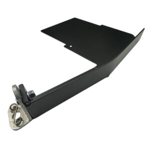 A KKP Slack Front Floor Pan, constructed from black metal with an angular design, includes a hinge mechanism and mounting hardware at the base.