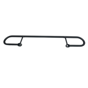 A black rectangular metal bar with rounded ends, featuring two support brackets in the middle, known as the Rear Bumper - Pursuit Floating Loop.