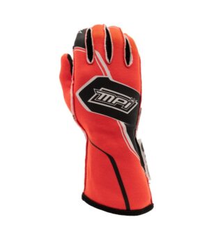 Max Papis MPI Flo Orange Youth gloves, featuring an orange and black design with the "MPI" logo on the back, crafted for protection and grip.