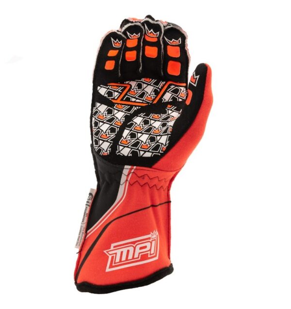 A youth racing glove by Max Papis MPI, featuring a vibrant combination of red and black with orange accents, intricate black and white geometric patterns, and a prominently displayed "MPI" logo on the wrist.