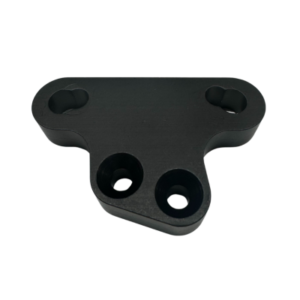 A black triangular Caliper Bracket - Left Side 6" Engenetic Rotors with four circular holes of varying sizes, designed for Elevate, Xpect & Pursuit.