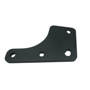 A Caliper Bracket - Left Side 6" Engenetic Rotors in black metal, featuring three holes, designed for mounting or securing purposes for Elevate, Xpect & Pursuit.