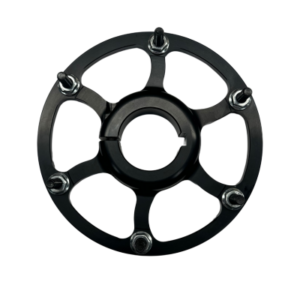 The Sprocket Hubs - 40mm Clamp-On is a black circular metal component with six spokes and bolts at the ends, featuring a central hole with a notch.