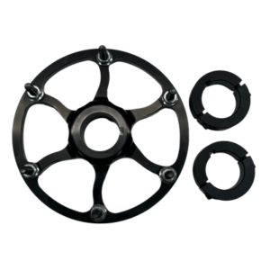 A Sprocket Hub - Floating 1-1/4" w Axle Collars in black metal, featuring a star-shaped design, accompanied by two separate black circular components placed nearby.