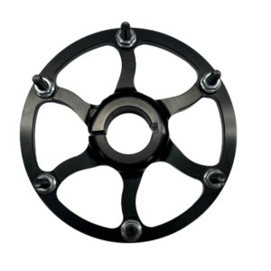 A close-up view of the Sprocket Hubs - Heavy Duty 1-1/4" Clamp-On, showcasing a black, circular wheel hub adapter with five visible bolt holes and accompanying bolts.