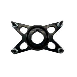 The 4-Spoke Precision Sprocket Hub - Clamp-On boasts a robust black metal frame with a central circular opening and four secure mounting points.