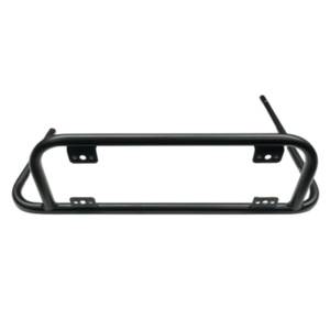 A Nerf Bar - Right Side Tall for Champ, featuring a black metal license plate bracket with a tubular frame and multiple mounting holes, designed for vehicle installation.